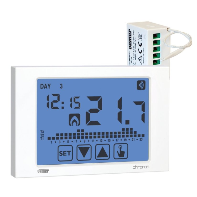 Digitální programovatelný termostat na stěnu Vemer Set Chronos RF Bianco